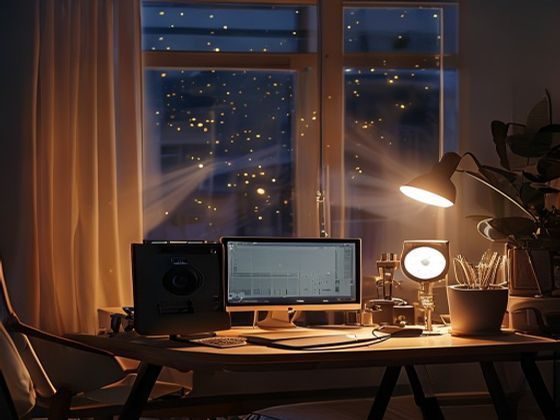 asmrmoon创作工作室内景，柔和月光透过窗帘洒落在录音设备与麦克风上，温暖静谧的创作环境，展现asmrmoon专业治愈内容的诞生场所