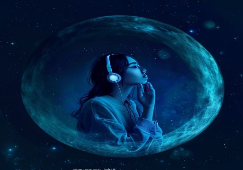 asmrmoon月光ASMR品牌视觉图，深蓝月夜星空背景下一位创作者佩戴耳机轻声低语，青柠绿光晕环绕，沉浸治愈氛围浓郁