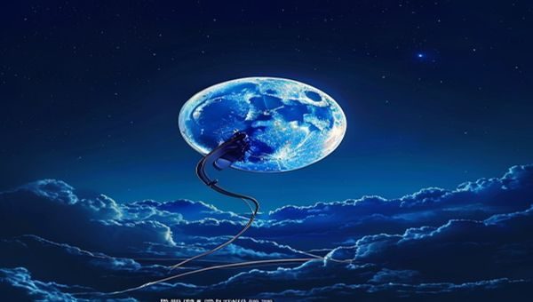 asmrmoon月夜耳语系列封面图，满月高悬于深蓝夜空，耳机线如月光流淌，冷色调神秘治愈氛围